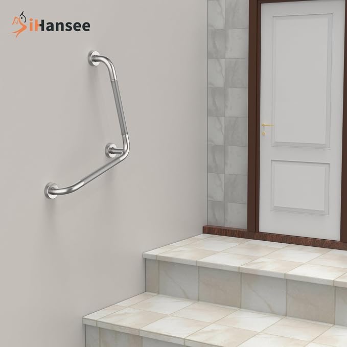 Angled Grab Bar 16x16 Inch Stainless Steel Knurled Toilet Handles Wall Mounted Bathroom Handicap Safety Rails for Elderly Injured Balance Support, L-Shaped Brushed Nickel Grab Bar for Shower