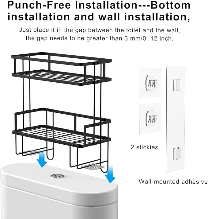 FLOLXNB Over The Toilet Storage Shelf, 2-Tier Bathroom Storage Organizer Upgrade Punch-Free Toliet Storage Shelf, Home Storage Rack with Hooks Shelf,Black