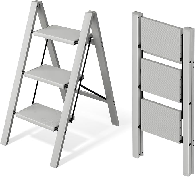 Mayi Plus 3 Step Ladder,Aluminum Folding Step Stool for Adults,Step Ladder with Wide Anti-Slip Pedal,330 lbs Capacity for Home,Office,Kitchen,Library(Grey)