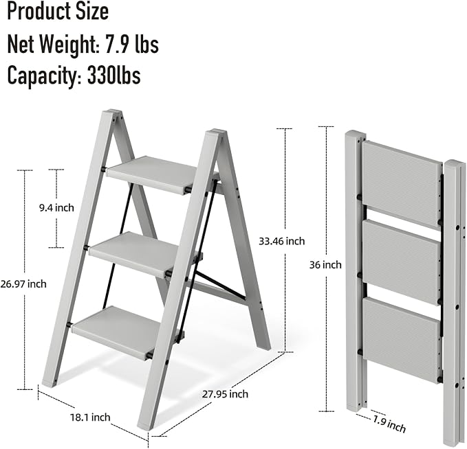 Mayi Plus 3 Step Ladder,Aluminum Folding Step Stool for Adults,Step Ladder with Wide Anti-Slip Pedal,330 lbs Capacity for Home,Office,Kitchen,Library(Grey)