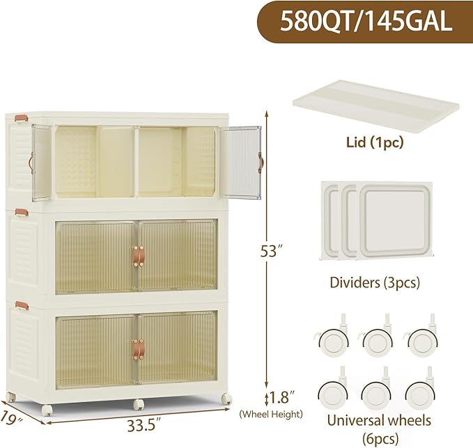 SAILUN 145Gal/579Qt Stackable Storage Bins Folding Collapsible Storage Bins with Lid, Closet Organizers and Storage Box with Door Cream 33.5" W x 19" D x 53" H