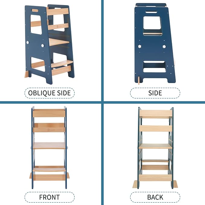 WOOD CITY Kitchen Step Stool - Safe Montessori Standing Tower for Kids with Safety Rail, Height Adjustable Toddler Ideal Helper for Learning New Skills, Anti-Slip Protection for Bathroom - Deep Blue