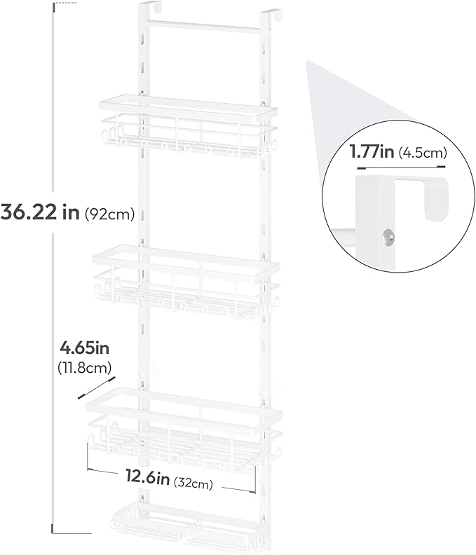 SWTYMIKI Over The Door Shower Caddy - 4 Tier Rustproof Hanging Shower Organizer with Adjustable Shelves, 40 Hooks & Soap Holder, Hanging Shower Rack Storage for Bathroom Accessories, White