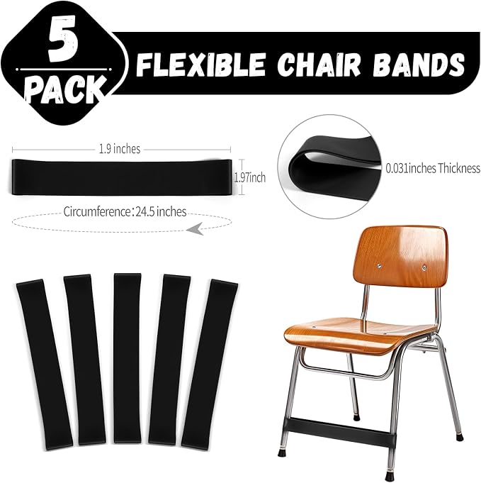 5 Pack Chair Bands for Kids with Fidgety Feet, ADHD Tools for Kids, Improve Focus & Reduce Restlessness, Chair Bands for Sensory ADHD ADD Autism - Classroom & Home Must Haves (Black)