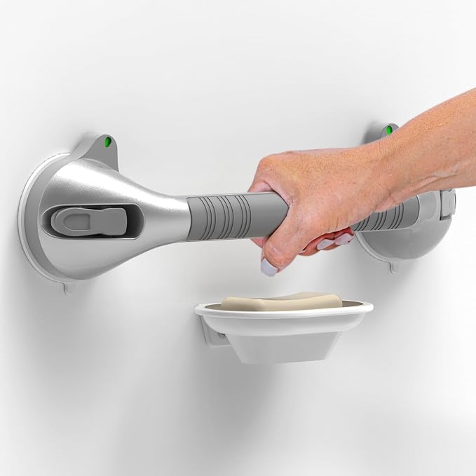 16.5inches Balance Assist Bathroom Shower Handle,Suction Bath Grab Bar with Indicators (Silver/Grey)