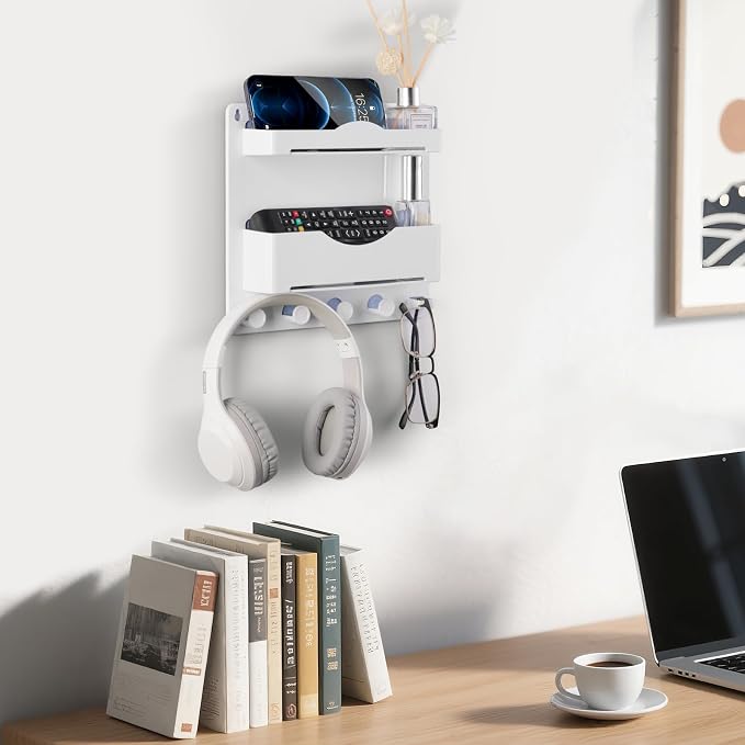 Bedside Wall Shelf Organizer with Glasses Hook, Adhesive Floating Shelf for College Dorm Room Essentials, Cute Room Decor Aesthetic, Teen Girls Bedroom Storage for Phone Kindle Remote - White