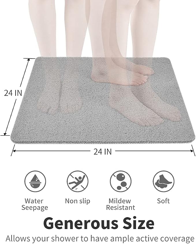 Non Slip Shower Mat, Comfortable Bath mat for Textured Surface,Quick Drying Easy Cleaning Shower Floor Mat for Wet Area,Without Suction Cups Grey 24 x 24