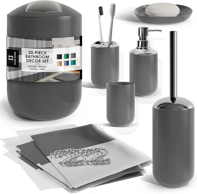 Clara Clark Bathroom Set - Gray Bathroom Accessories Set, 20PC Bathroom Accessory Set, Shower Curtain Set with Liner, Toothbrush Holder, Soap Dispenser, Soap Dish, Toilet Brush Holder, and Trash Can