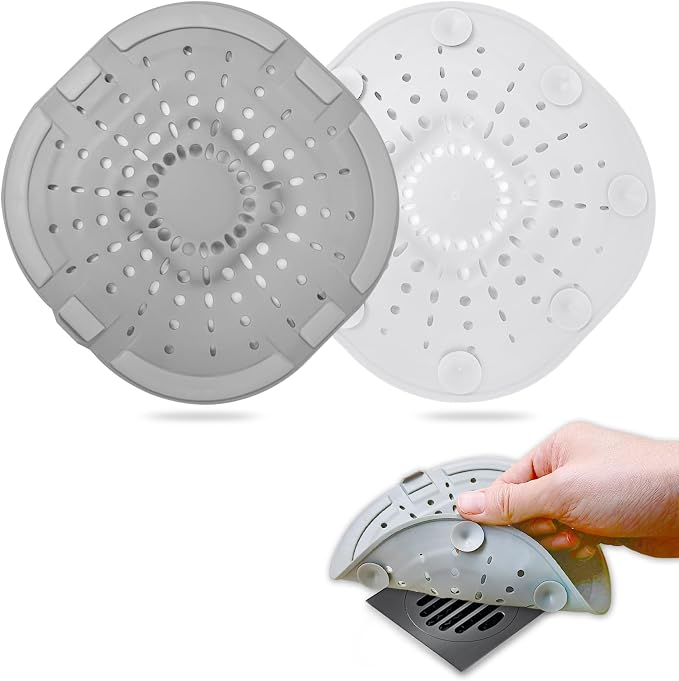 Hair Drain Catcher,Square Drain Cover for Shower Silicone Hair Stopper with Suction Cup,Easy to Install Suit for Bathroom,Bathtub,Kitchen 2 Pack (Light White Grey)