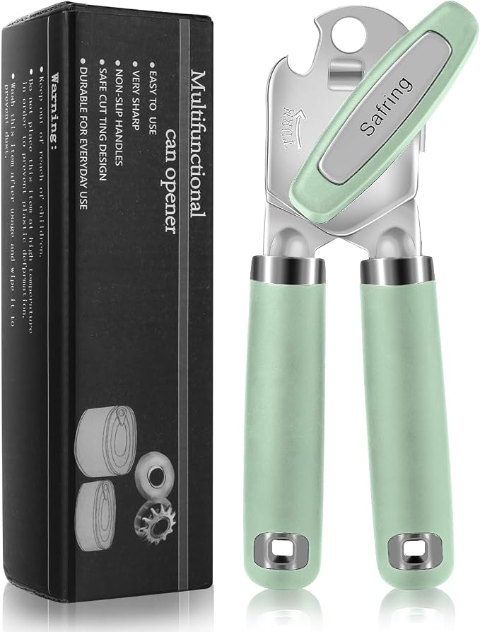 Safring Can Opener Manual, Heavy Duty Handheld Strong Can Opener with Soft Touch Handle, Sharp Blade Smooth Edge, Can Openers with Multifunctional Bottle Opener, Mint
