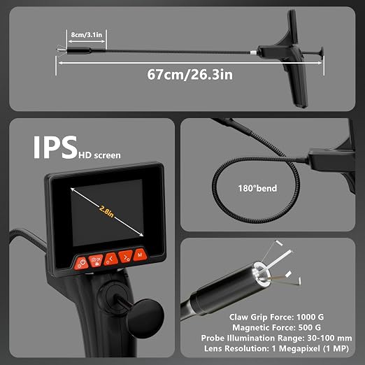 Endoscope Camera with Light and Grabber, Sewer Borescope Inspection Mirror with Magnetic Pickup, Drain Snake Scope for Automotive Repair & Pipe Cleaning, IP67 Waterproof, 6 LED, 23.6-Inch