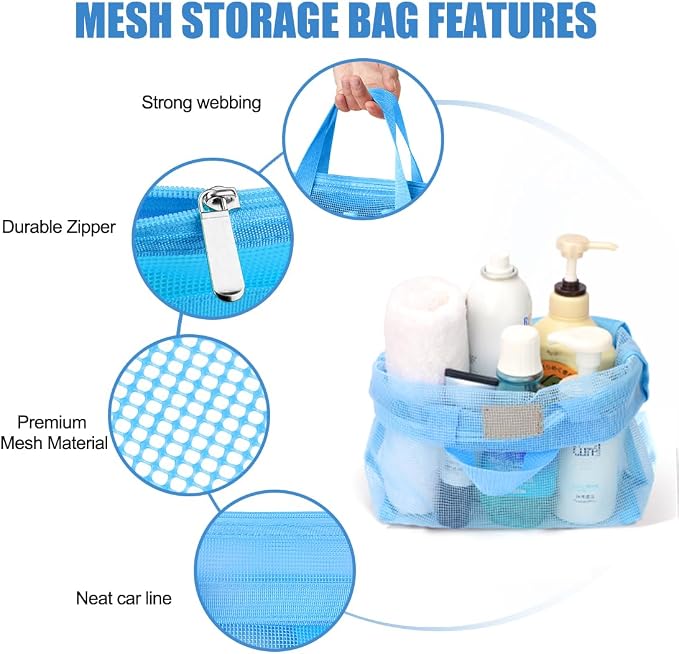Portable Mesh Shower Caddy Tote, Quick Dry Tote Bag Mesh Beach Bags for Women, Hanging Toiletry and Bath Organizer for Travel Swimming Sports Gym Camp Shopping College Dorms (2pcs,sky Blue-Gray)