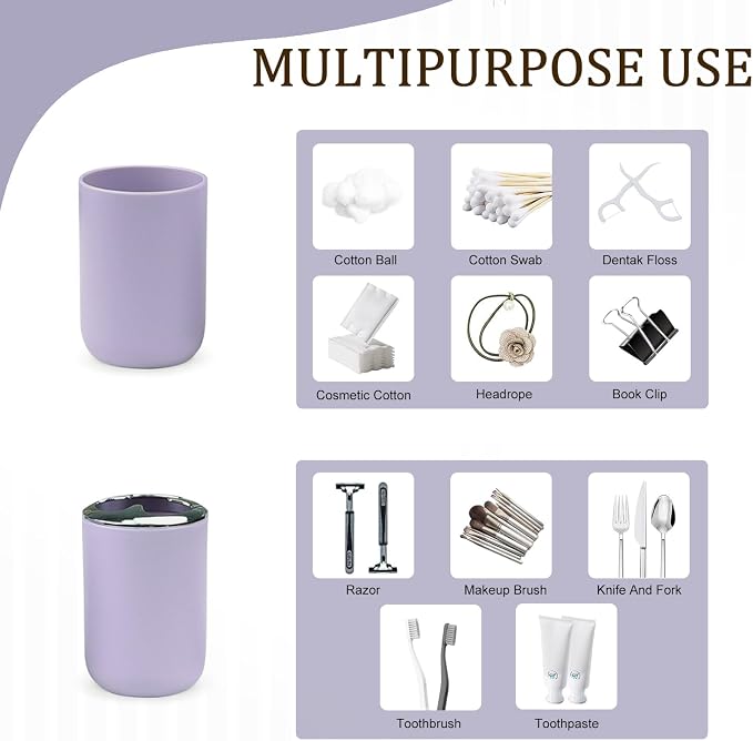 CERBIOR Bathroom Accessories Set 6 Piece Bath Ensemble Includes Soap Dispenser, Toothbrush Holder, Toothbrush Cup, Soap Dish for Decorative Countertop and Housewarming Gift (Purple)