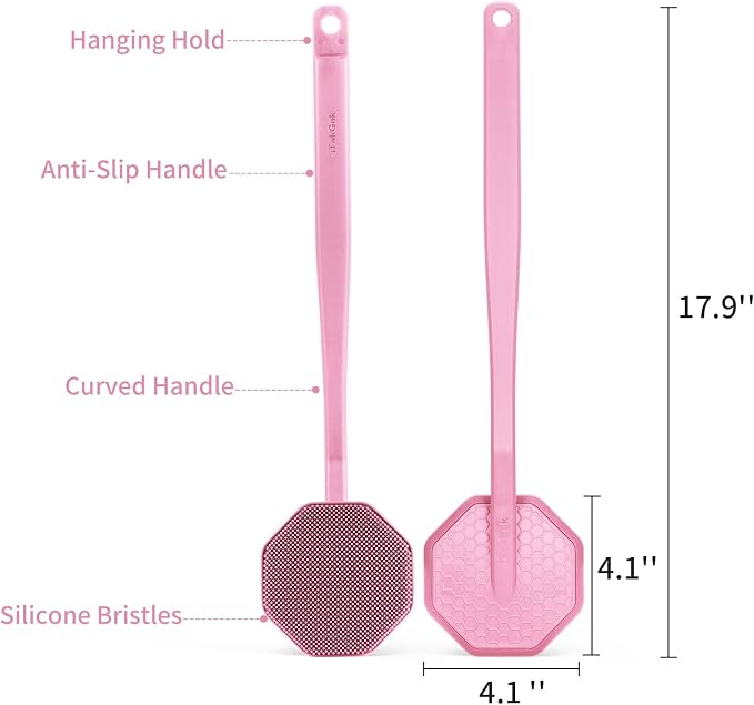 iTokGoK® Silver-Infused Silicone Back Scrubber with Long Handle Back Brush for Shower,Back Brush Long Handle for Men and Women,Ergonomic No-Slip Handle, Long-Lasting (Pink)