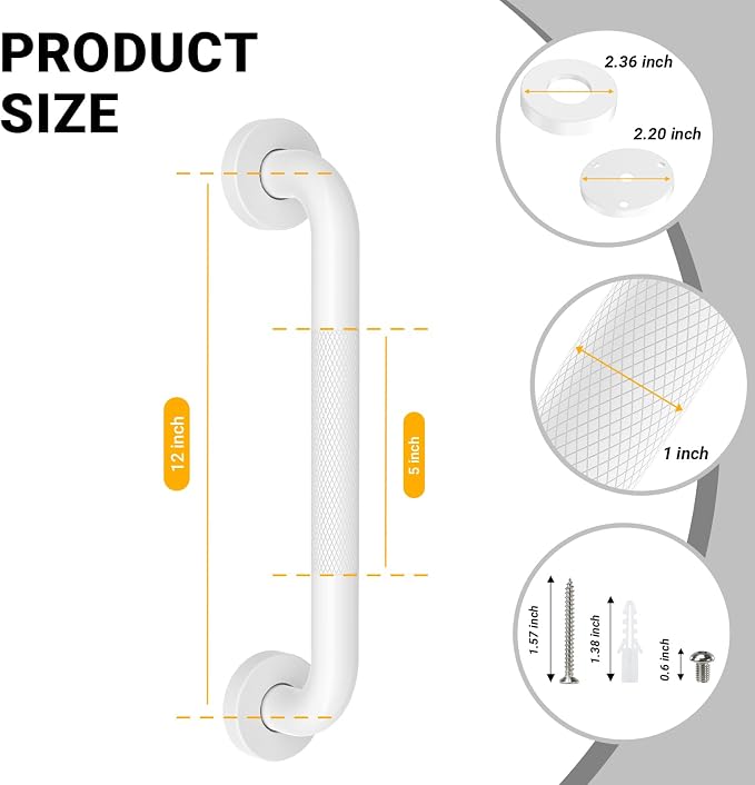 Anti Slip Grab Bars for Shower White, Safety Textured Grip Shower Grab Bars for Seniors, Holds up to 500LBs, Knurled Handicap Grab Bars for Wall with Concealed Screws, 12 Inch