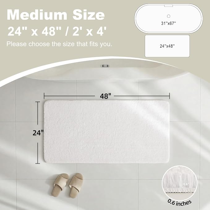 TYUU White Bathroom Rugs, Ultra Soft Bath Rugs Non Slip Washable, Super Absorbent Quick Dry Bath Mat with Rubber Backing for Bathroom Floor, Shower, or Sink, White 24" x 48"