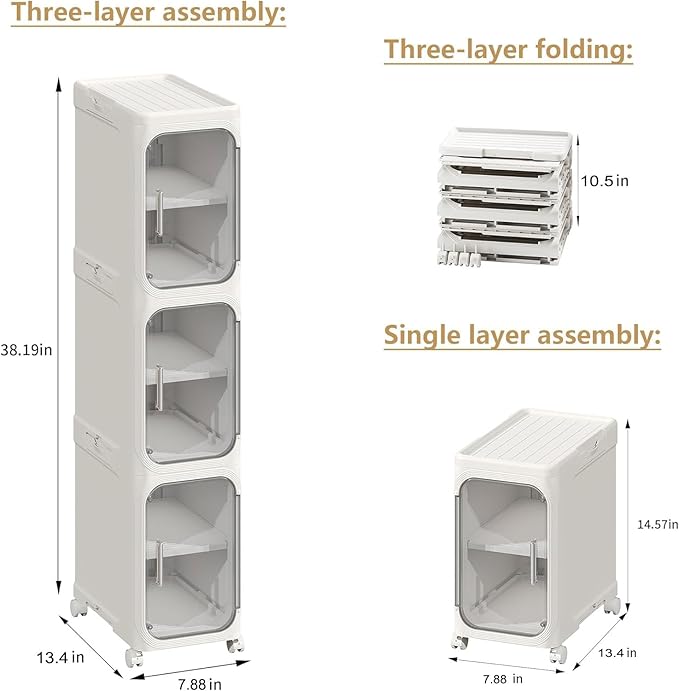 3-Tier Tall Narrow Storage Cabinet, Slim Bathroom Storage Cabinet with Adjustable Shelves and Wheels, Narrow Organizer for Small Space, Bathroom, Kitchen, Laundry, White