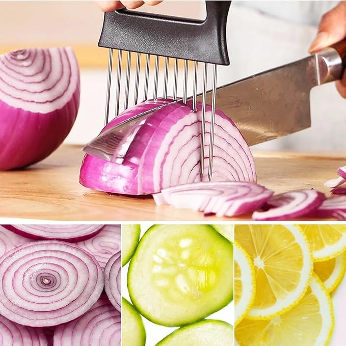 Onion Holder for Slicing, 2025 New Stainless Steel Onion Slice Holder Lemon Slicer Vegetable Cutter, Kitchen Gadgets Chopper Slicing Assistant Tool for Meat, Onion, Tomato, Potato (2 Pcs)