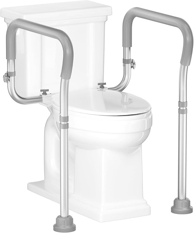 HOMLAND Toilet Safety Rail for Seniors with Adjustable Height & Width, Toilet Safety Frame with Handles, 350LB Aluminum Toilet Support Rail for Handicap and Disabled, Grey