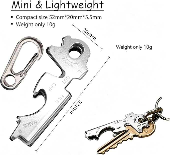 8-in-1 EDC Multi-Tool Keychain with Carabiner Clip, Heavy Duty Pocket Tool with Screwdrivers, Bottle Opener, Cutter & Survival Functions, 1 Pack (Silver)