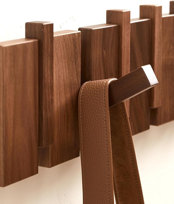 Wood Coat Rack Wall Mount - Large Walnut Piano Coat Rack wtih 5 Hooks for Hanging Clothes,Keys,Robes,Purse,Towels,Modern Decorative Wall hooks Heavy Duty Hanger Organizer for Bathroom/Bedroom/Entryway