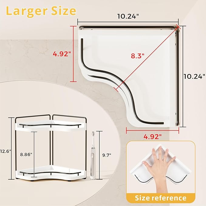 2-Tier Corner Bathroom Counter Organizer with Embedded Screw Holes, Secure & Stable Wood Vanity Shelf for Makeup and Skincare Essentials - Space Saving Bathroom Countertop Storage, White