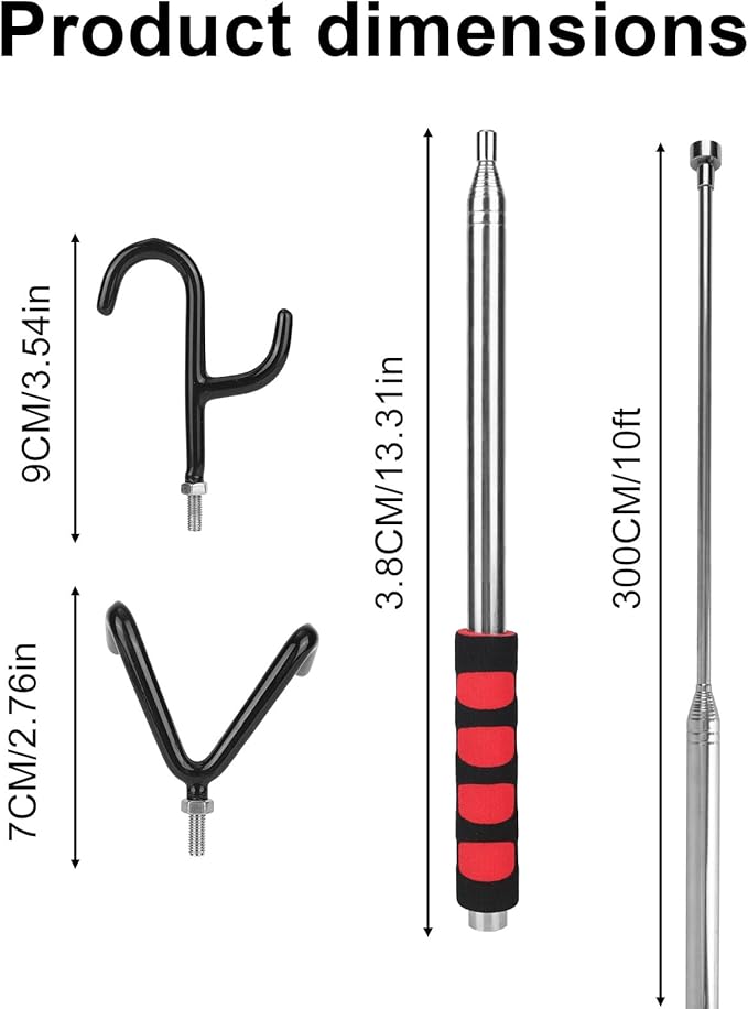 Telescoping Pickup Tool Magnetic Pole with 2 Hooks & Magnet, 300cm/10ft Extendable Push Pull Rod Grabber Wire Reacher Disc Golf Retriever for Hard-to-Reach Areas