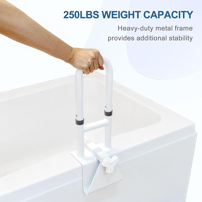 HEPO Adjustable Bathtub Safety Rail for Elderly, Tub Grab Bar for Bathroom, Assistance Bathtub Handle Clamp for Seniors Bath Handles Support and Fall Prevention, White