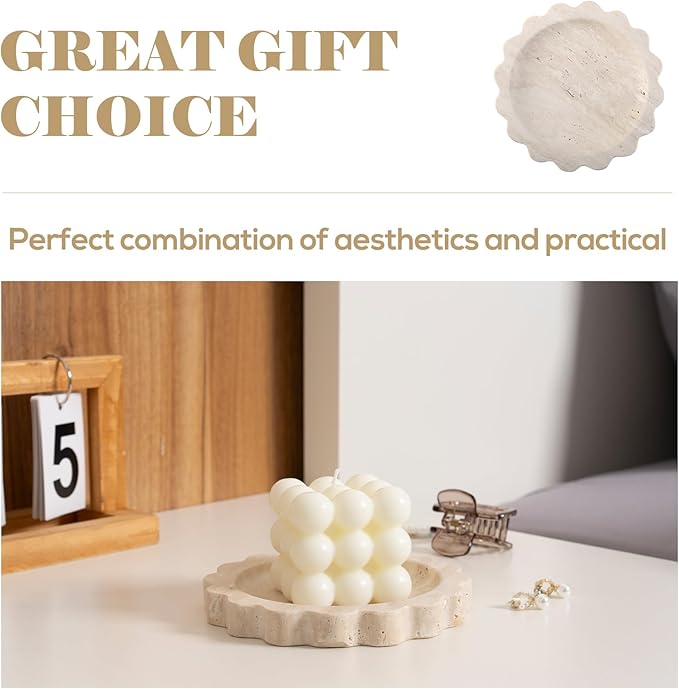 Koville 5.51" Travertine Tray, Natural Stone Trinket Dish for Ring Perfume, Round Scalloped Decorative Tray for Bathroom Vanity Dresser Countertop, Home Table Decor