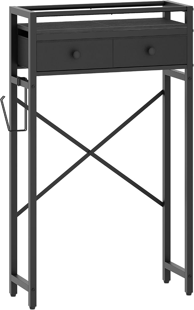 MAHANCRIS Over Toilet Storage, 2-Tier Bathroom Organizer Shelf with 2 Fabric Drawers and Toilet Paper Holder, Freestanding Above Toilet Rack for Small Spaces, Space-Saving, Black TSBK1101