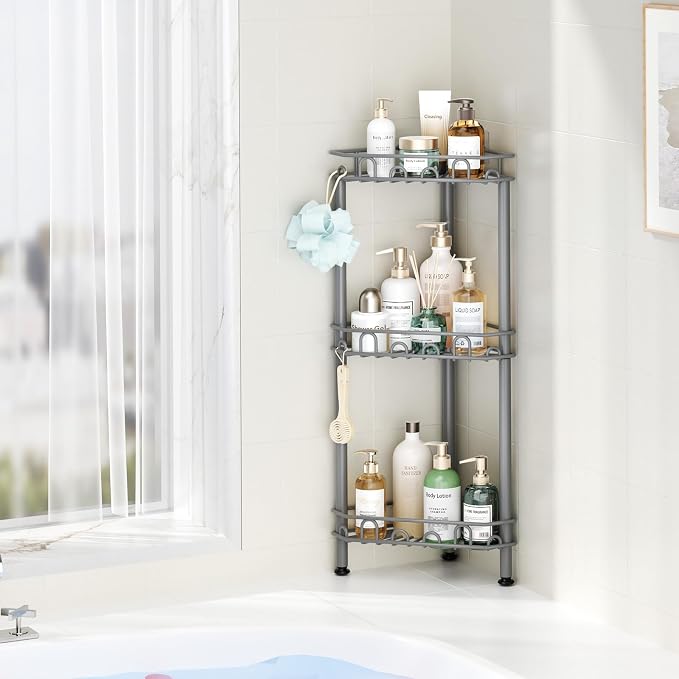 SWTYMIKI Standing Shower Caddy Corner - 3‑Tier Stainless Steel Shower Organizer Shelf with 12 Hooks and Adhesive Pads, Rustproof Corner Shelves Stand Rack for Bathroom Shower Room, Gray