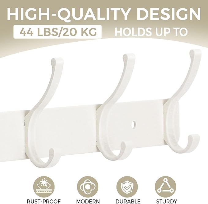 Dntorx Coat Rack Wall Mount, 1 Pack Coat Hooks Hanger Wall Double Hook Rack Rail Towel Hat Rack Entryway Bathroom Hanger Organizer for Robes, Clothes, Bags, Hat(White)