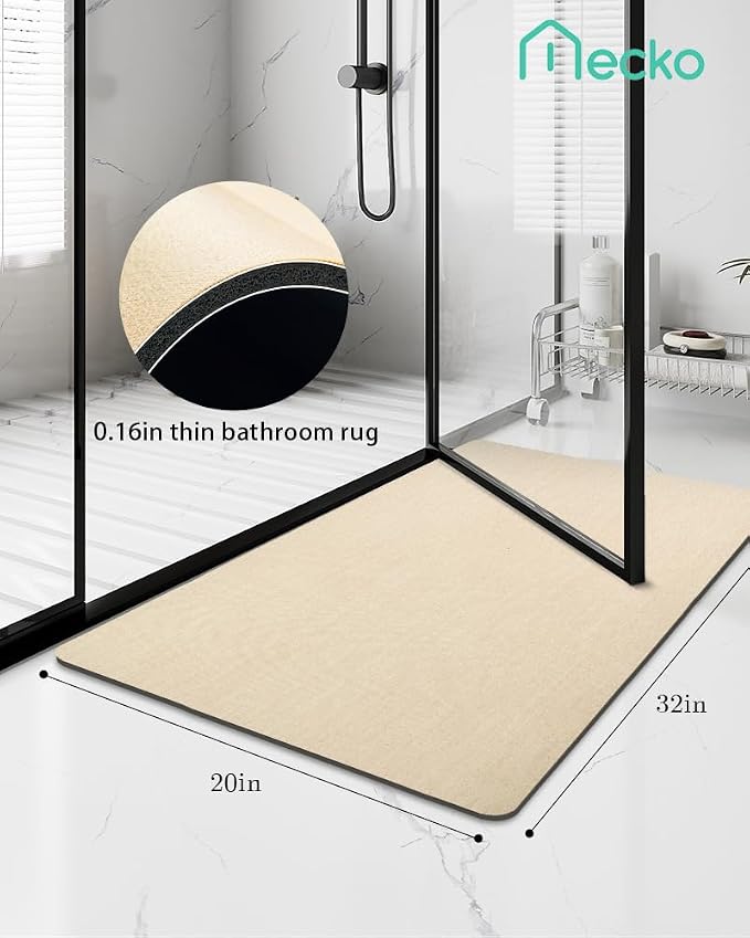 Mecko Bath Mat, Ultra Absorbent Quick Dry Bathroom Floor Mats-Rubber Non-Slip Thin Bathroom Rug Fit Under Door, Faux Suede Surface Shower Rug for Bathtub, Sink, Shower Room(Beige,20"x32")