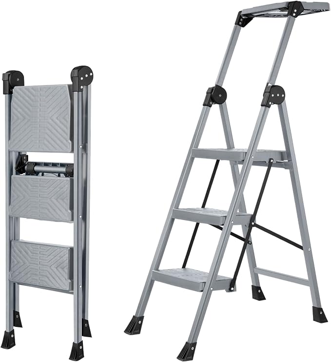 XinSunho 3 Step Ladder, Foldable Step Stool Ladder with Handrails & Tray, 660 lbs Heavy Duty Wide Pedals, Sturdy Steel Folding Ladder for Kitchen, Home, and Household Use(Gray, 3 Step)