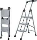 XinSunho 3 Step Ladder, Foldable Step Stool Ladder with Handrails & Tray, 660 lbs Heavy Duty Wide Pedals, Sturdy Steel Folding Ladder for Kitchen, Home, and Household Use(Gray, 3 Step)