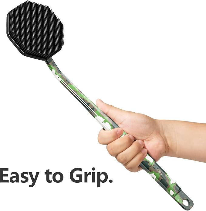 iTokGoK® Platinum Camo Green Pattern Silicone Back Scrubber with Long Handle Back Brush for Shower,Silver-Infused Back Scrubber for Men and Women (Camo Green)