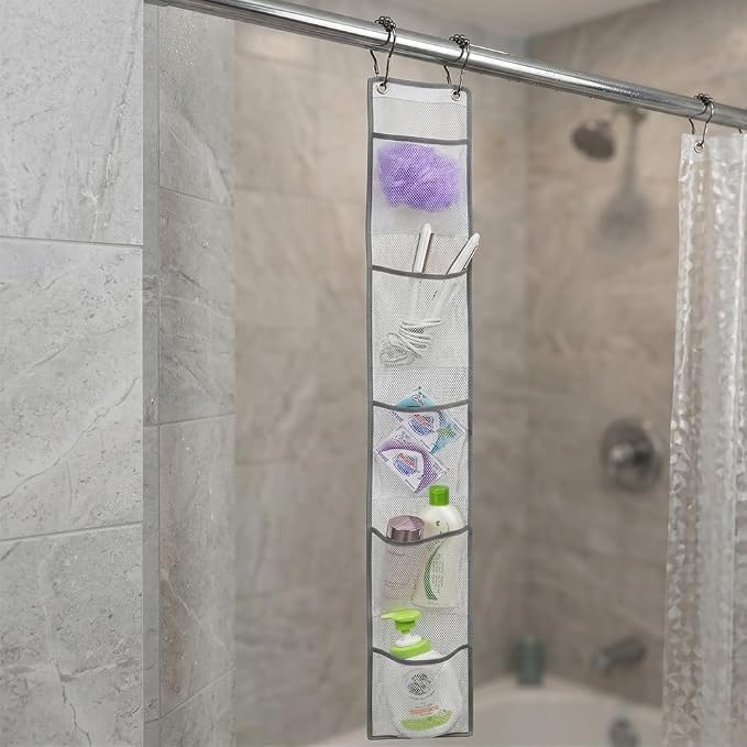 ALYER Hanging Storage Shower Caddy Organizer,Mesh Pockets for Bathroom,Closet,Pantry (Gray)