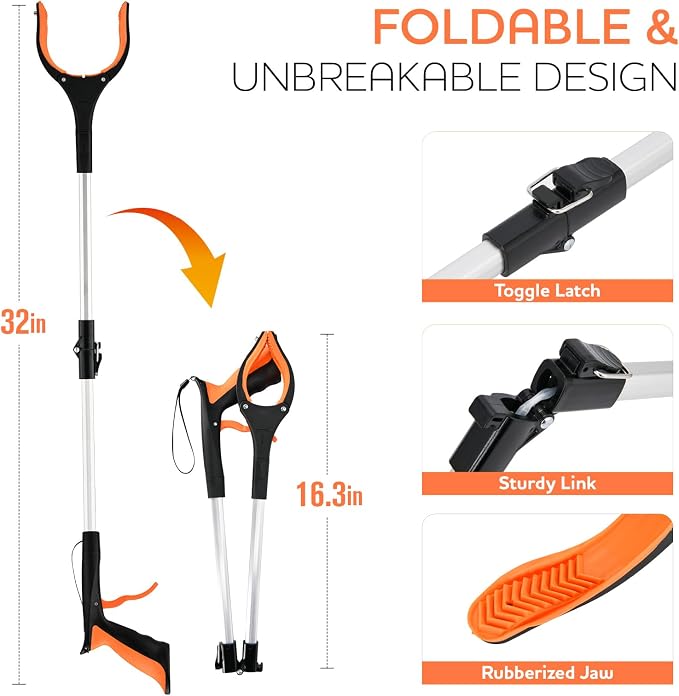 2-Pack Grabber Reacher Tool,32 Inch Extra Long Foldable Pick Up Stick with Buckle and Rope and with Strong Grip Magnetic,360°Rotating Anti-Slip Jaw,Grabber Tool for Outdoor & Indoor (Blue&Orange)