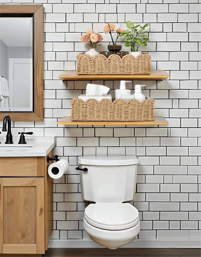 CubesLand Toilet Paper Storage Basket, Scalloped Edge Shelves Basket for Organizing for Over Toilet Tank Storage, Home Decor Baskets for Shelf, Countertop, Living Room, Bedroom, Handwoven, Beige