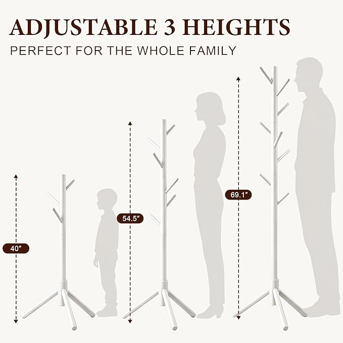 Wooden Coat Rack Freestanding with 8 Hooks & 3 Adjustable Sizes for Clothes, Space-Saving Design for Bedroom Office Entrance Holds Hats Coats Scarves Bags