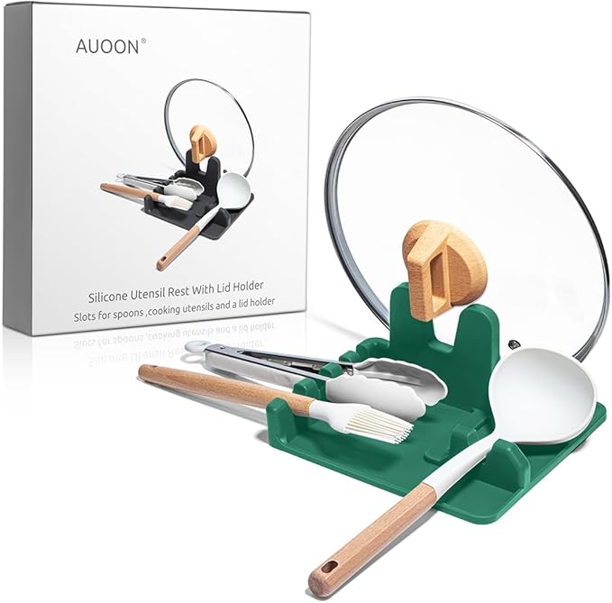 Auoon Silicone Spoon Rest with Lid Holder - 3 in 1 Kitchen Utensil Rest for Soup Ladles, Pot Lids, Spatulas, Spoons, Tongs, BPA Free & Dishwasher Safe, 8.26 x 8.06 Inch (Sea Blue, Large)