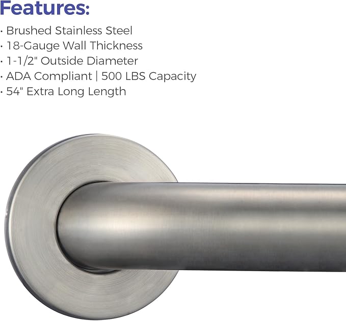 Stardrix 54-Inch ADA Compliant Grab Bar, 1.5" Diameter, Concealed Mounting Flanges, Handicap Friendly, Commercial & Residential Bathrooms, Brushed Stainless Steel