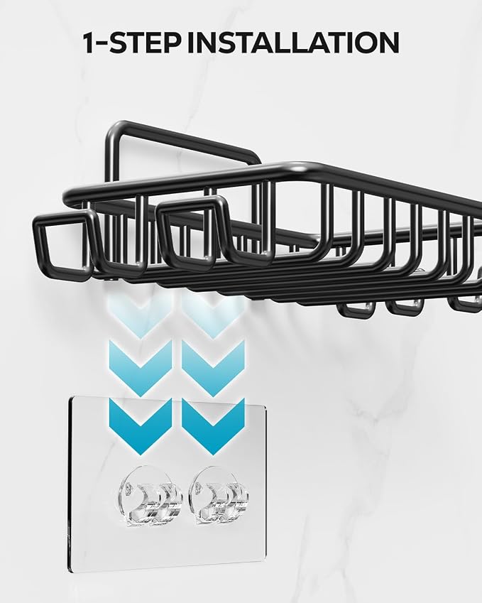 Nieifi Soap Dish Holder with 4 Hooks Stainless Steel Black Adhesive for Shower, Bathroom
