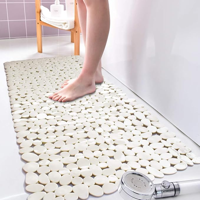 SONGZIMING Bathtub Mat Non Slip Pebble Bath Shower Mat with Drain Holes, Suction Cups Mat for Tub (16" W x 35" L,Beige)