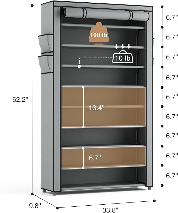 LANTEFUL Shoe Rack with Covers 10 Tier Tall Shoe Rack Organizer Large Capacity Shoe Shelf Storage 40 Pairs Space Saving Free Standing Shoe Storage Organizer for Closet, Entryway, Dorm, Grey
