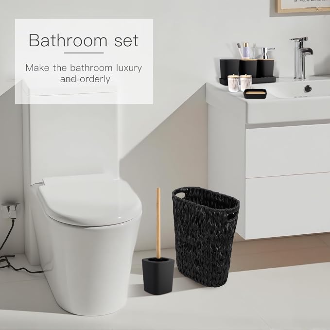 XLHOMO Black Bathroom Accessories Set with Wicker Trash Can Shower Curtain and Rugs,Bathroom Sets Small Waste Basket Bathroom Trash Can for Bedroom Bathroom
