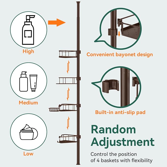 Corner Shower Caddy Tension Pole, 4 Tier Rustproof Shower Tension Rod Organizer, Adjustable 25-125 Inch Bathroom Shower Organizer Shelves for Bathtub Shampoo Storage, Brown