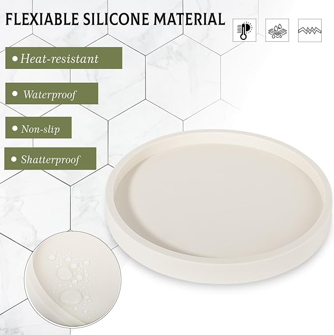 Silicone Bathroom Tray Round Vanity Tray Decorative Soap Holder Kitchen Countertop Organizer Coffee Table Decor for Candle, Perfume, Plant, 12 Inch, Beige
