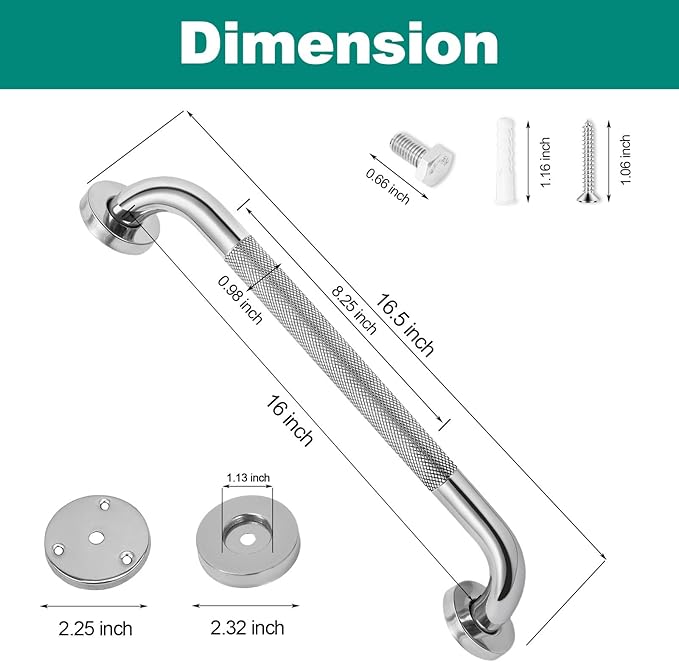 2 Pack 16 Inch Grab Bars for Bathtubs and Showers, Safety Bathroom Shower Grab Bars for Seniors Holds up to 500LBs, Handicap Grab Bars Stainless Steel, Anti Slip Shower Handle for Wall, Elderly