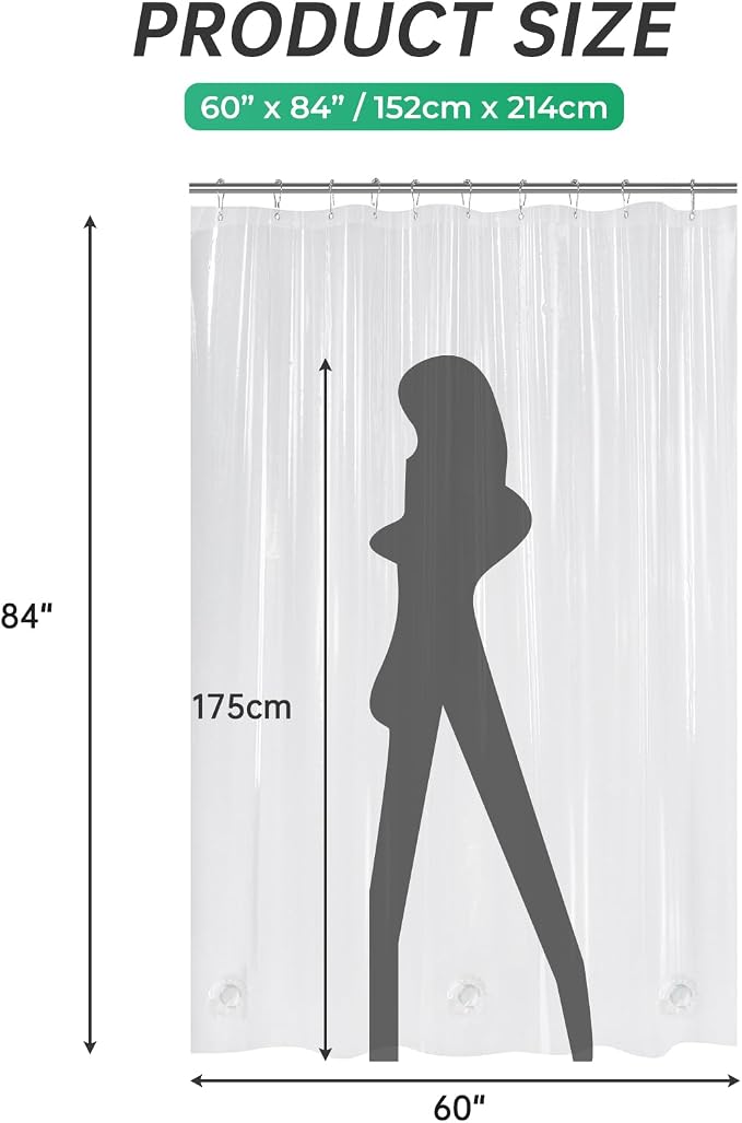 AmazerBath Long Stall Shower Curtain 60x84 Inches, Premium PEVA Heavy Duty Clear Shower Curtain, Waterproof Thick Bathroom Curtain with 3 Big Weighted Stones and 10 Rustproof Grommet Holes